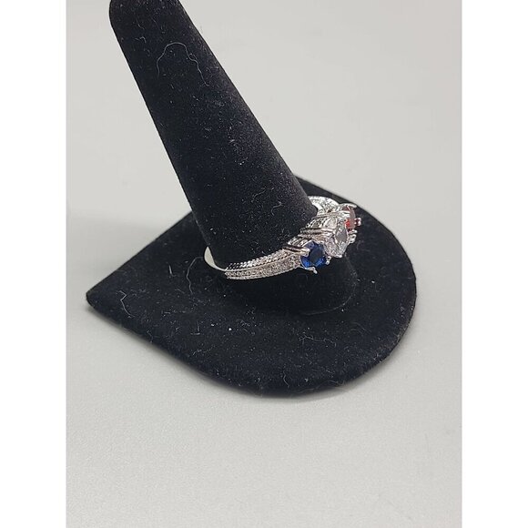 10k Patriotic Gemstone Ring Ladies SZ 12 White Gold Garnet Cubic Zirconia Iolite - Picture 10 of 16